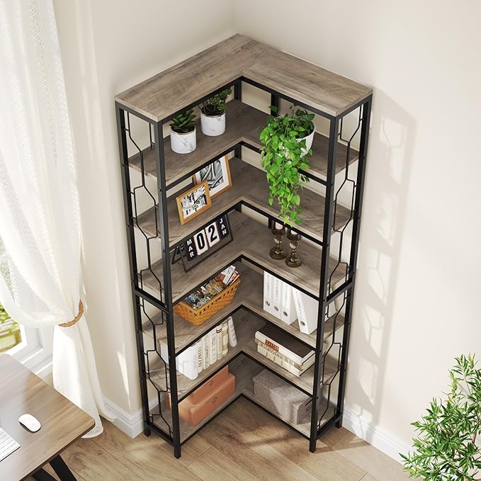 Tribesigns Corner Shelf, 7-Tier Industrial Corner Bookshelf, Wood and Metal - Image 8