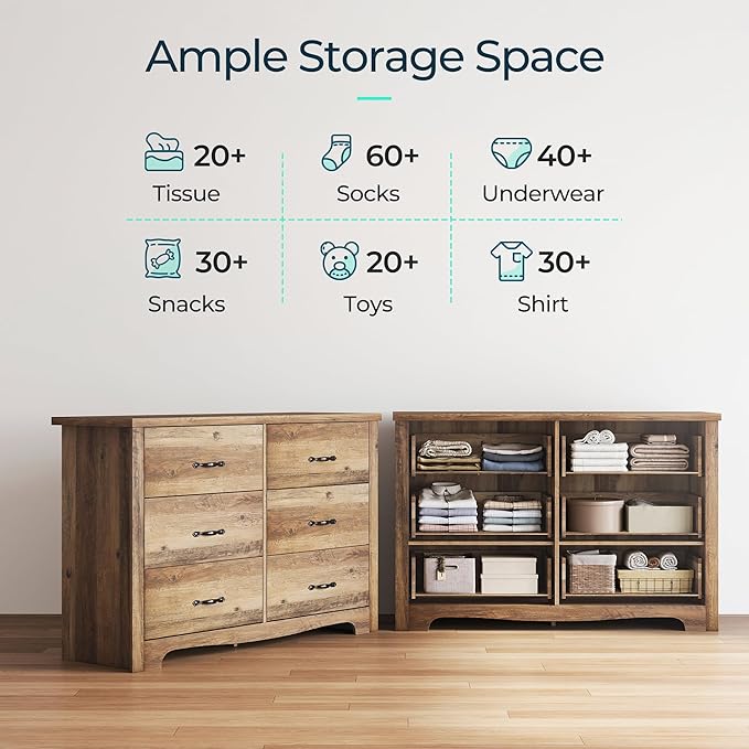 LINSY HOME 6 Drawers Dresser for Bedroom, Wood Bedroom Dresser Modern Drawer - Image 5