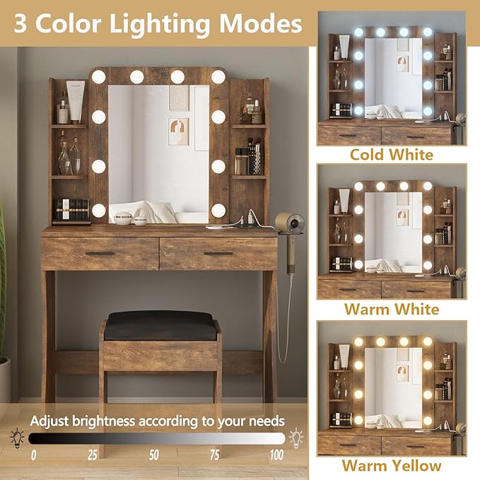 Vabches Vanity Desk with Lights, Makeup Vanity with Power Strip, Dressing Table - Image 3