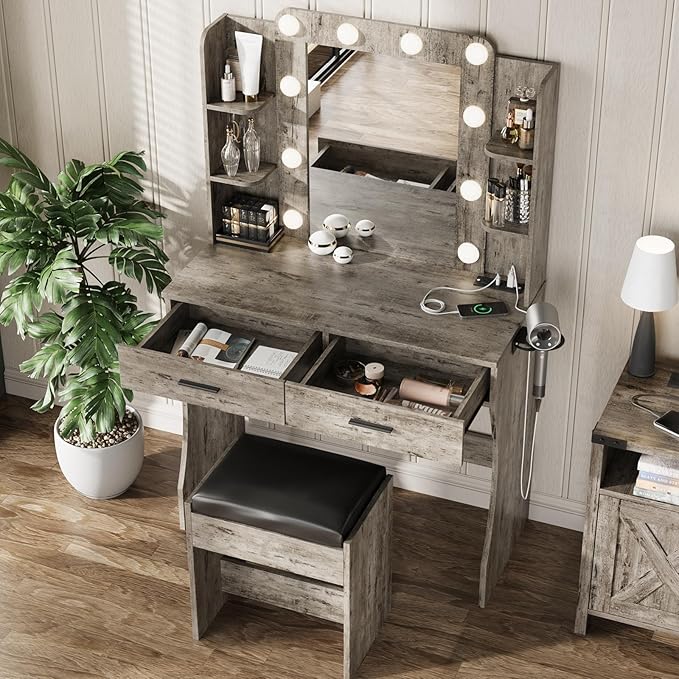 Vabches Vanity Desk with Mirror and Lights, Makeup Vanity Table with Charging - Image 3