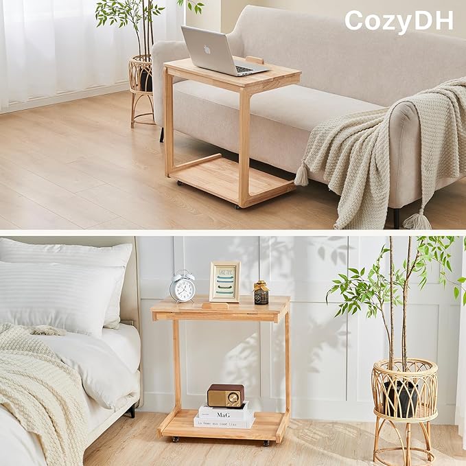 CozyDH Adjustable C Shaped End Table, Solid Wood Rolling Side Table, TV Sofa - Image 7