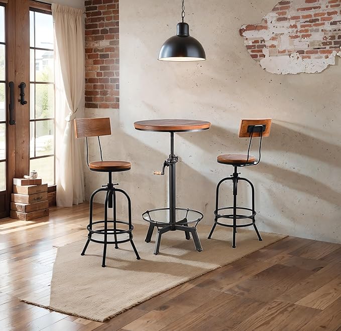 3-Piece Crank Handle Bar Table & 2 Backrests Stools Set - Image 7
