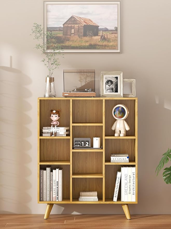 Manora Bookshelf with 10 Open Storage Cubes, Wooden Bookcase Organizer - Image 7