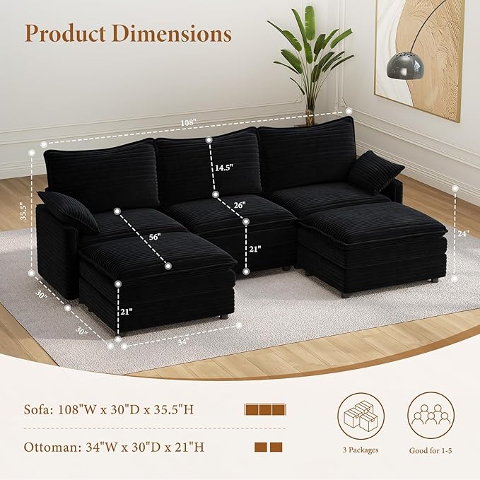 Vesgantti 108" U Shaped Sectional Couch, Comfy Cloud Modular Sectional Sofa - Image 2