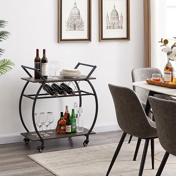 LVB Bar Cart with Wine Rack, 2 Tier Kitchen Cart on Wheels, Industrial Wood and - Image 6