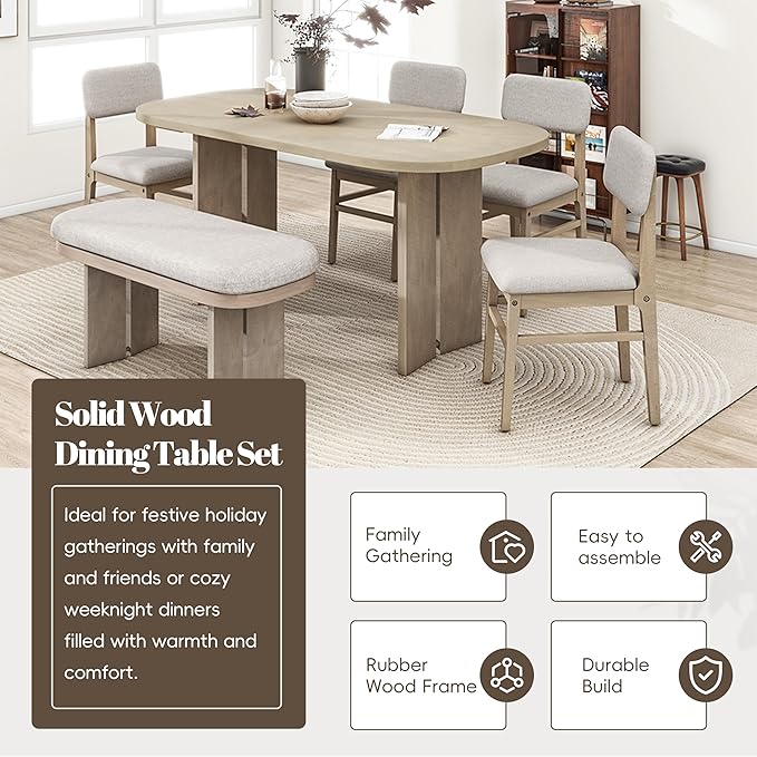 Merax Farmhouse Wooden Dining Set of 6, 65 Inch Rectangular Kitchen Table - Image 5