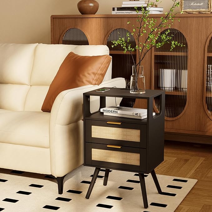 Rattan Nightstand with Charging Station, Farmhouse Bedside Table with 2 Storage - Image 8