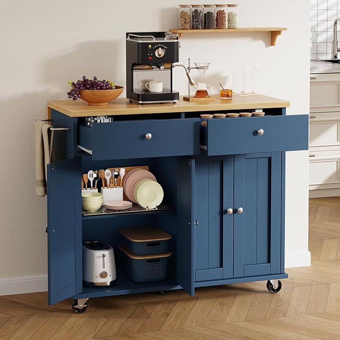 Shintenchi Kitchen Island with Drop Leaf, Rolling Kitchen Cart with Storage on - Image 2
