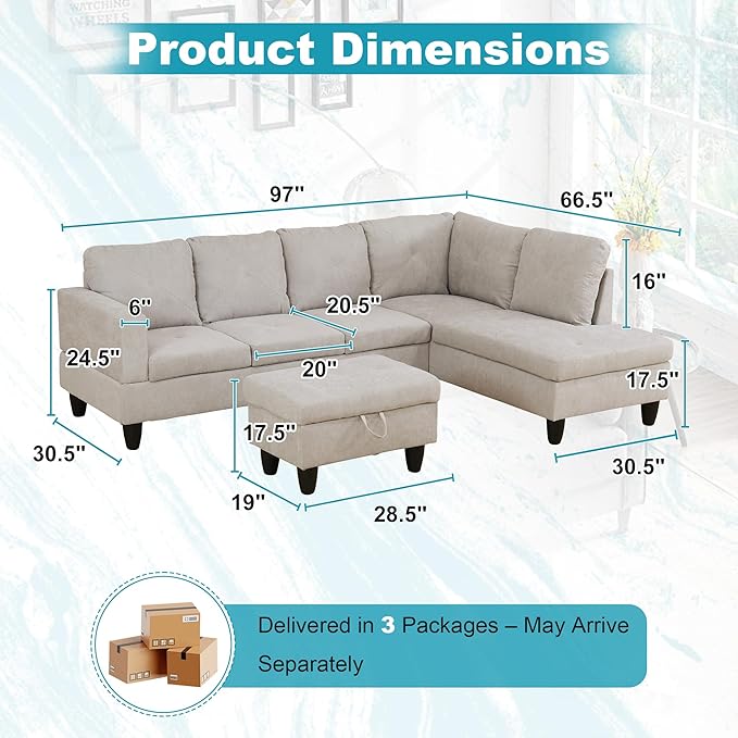 97" Oversized Sectional Couch, L Shaped Couch - Image 2