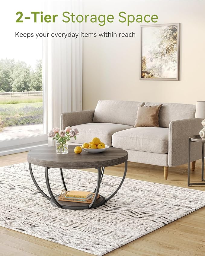 LITTLE TREE Round Coffee Table, 2-Tier Wood Accent Center Table - Image 4