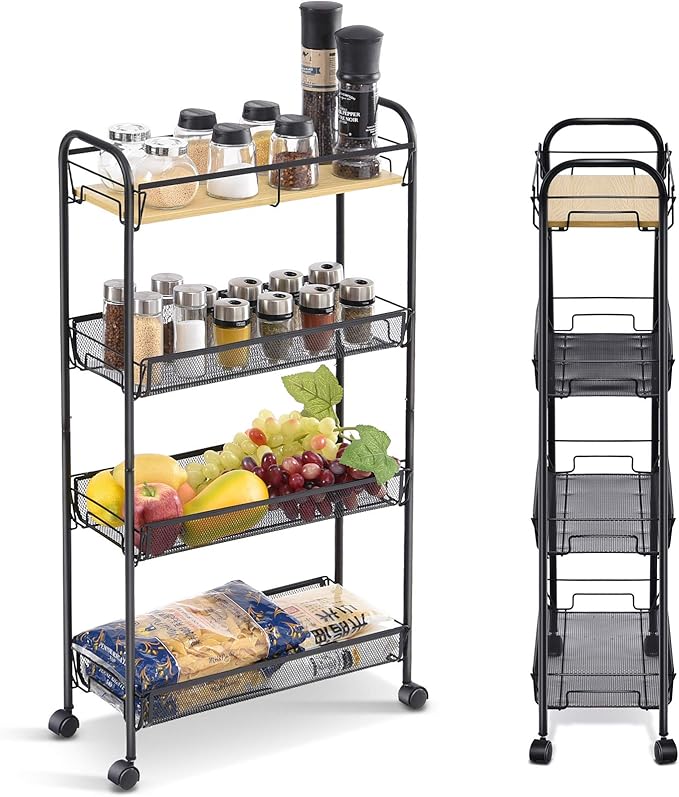 KINGRACK 4-Tier Slim Rolling Cart, Metal Utility Cart, Slide Out Storage Cart by KINGRACK