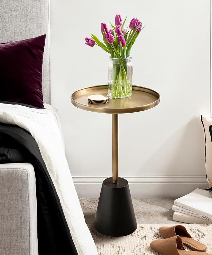 Kate and Laurel Tira Elegant Round Side Table, 14 x 24, Brass and Black - Image 2