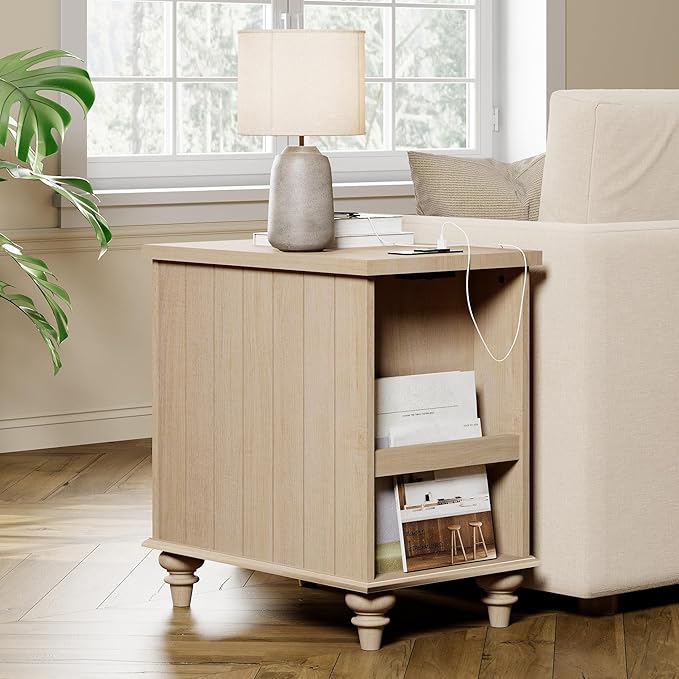 WAMPAT Beige End Table with Charging Station, Wooden Side Table with Storage - Image 7