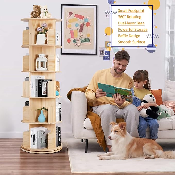 5 Tier Rotating Bookshelf Tower 360 Display Spinning Bookshelf Tower Floor - Image 8