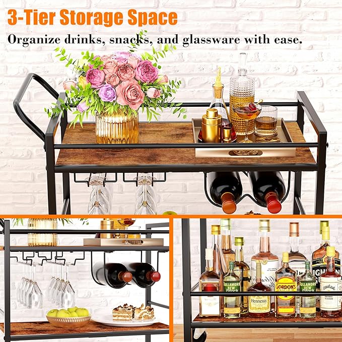 Bar Cart, Home Bar Serving Cart, 3-Tier Drink Cart - Image 5