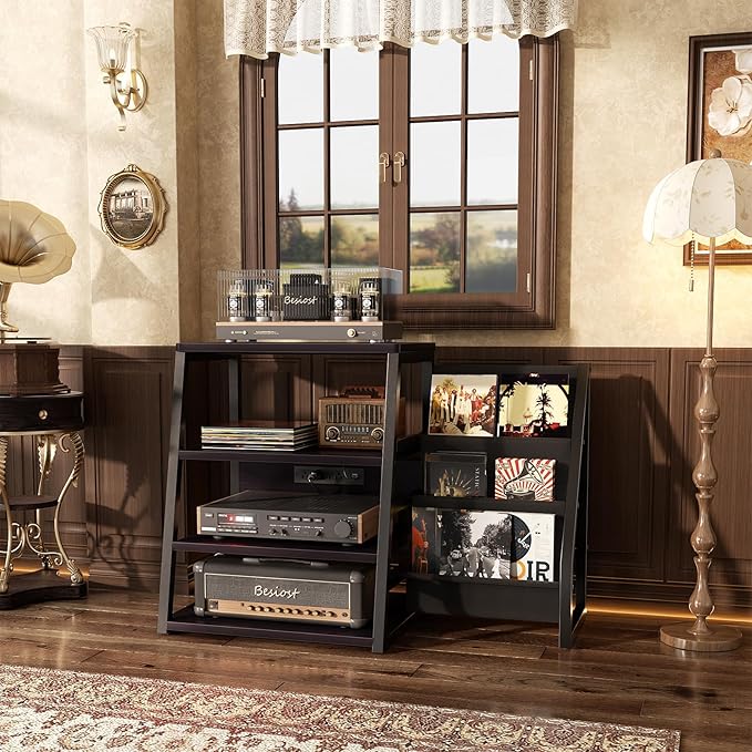 AV Media Stand with Outlets, Stereo Stands and Racks with Vinyl Storage - Image 2