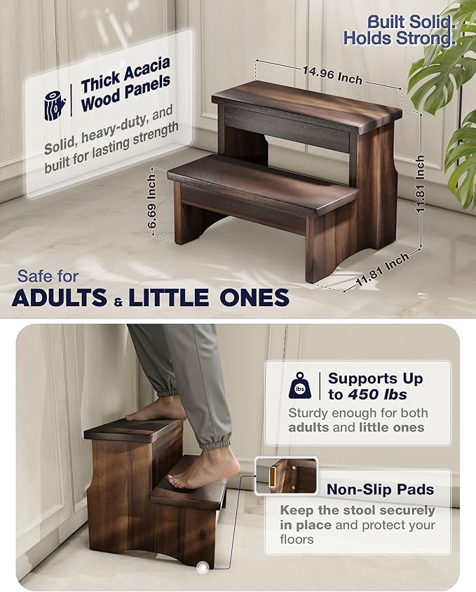 Wooden Two Step Stool, Heavy Duty 2-Step Ladder - Image 3