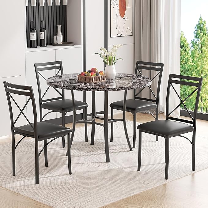 VECELO 36" Round Dining Table for 4, Faux Marble Dinette - Image 2