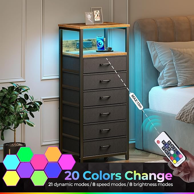 Seventable Night Stand with Charging Station, Tall Nightstand with 6 Fabric - Image 6