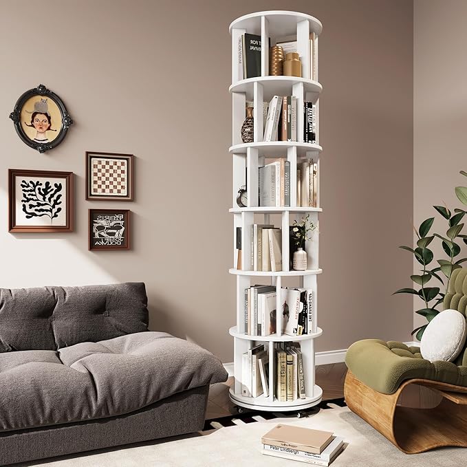 6 Tier Bookshelf Tower, 360° Solid Wood Spinning Bookcase - Image 7