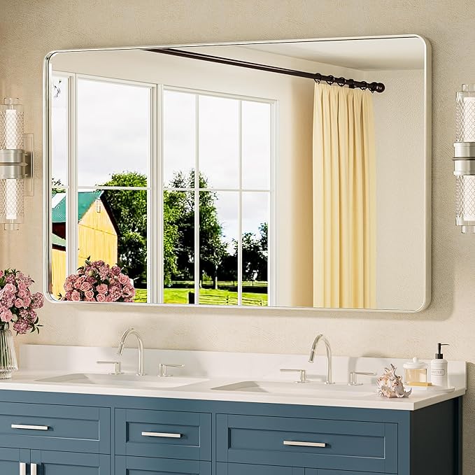 TETOTE Brushed Nickel Mirror 48 x 30 Brushed Nickel Metal Framed Bathroom Mirror by TETOTE