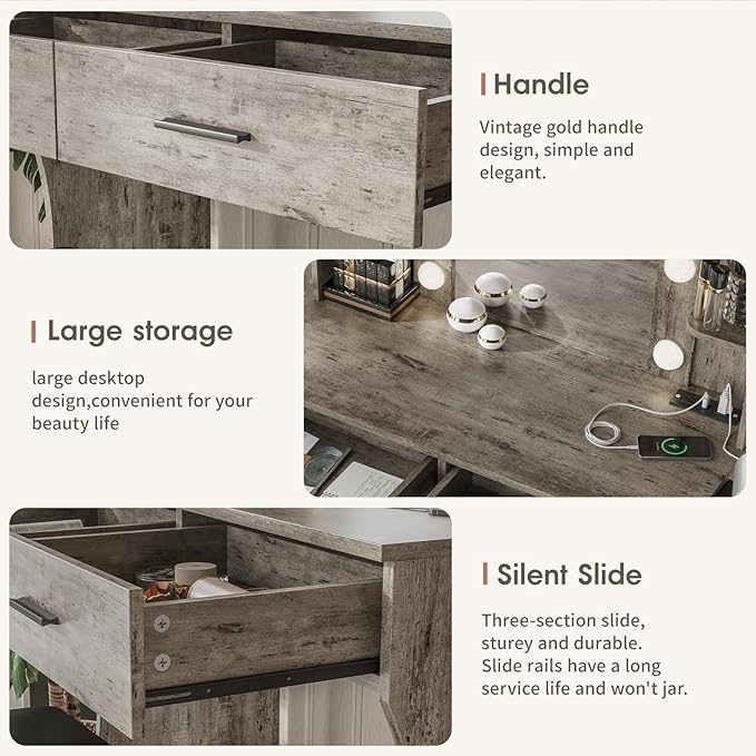 Vabches Vanity Desk with Mirror and Lights, Makeup Vanity Table with Charging - Image 7