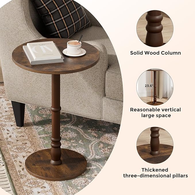 Round Side Table, Solid Wood Pillar, Large 15.7" Top, Small Accent Table - Image 5