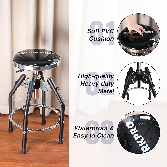 WORKPRO Heavy Duty Adjustable Hydraulic Shop Stool, Garage Bar Stool, 29in to - Image 5