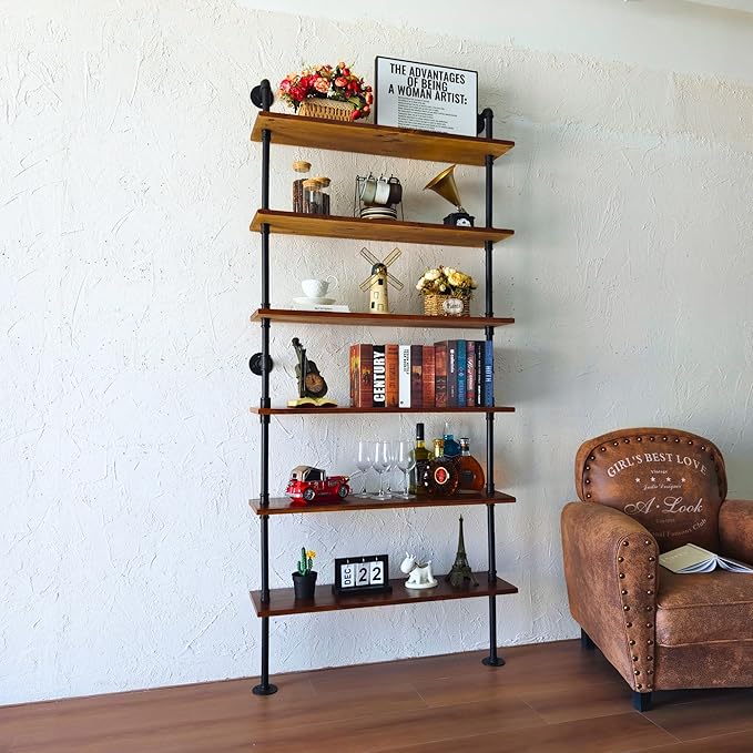 6 Tier Industrial Ladder Shelf Bookcase, Wall Mounted Rustic Bookshelf - Image 7