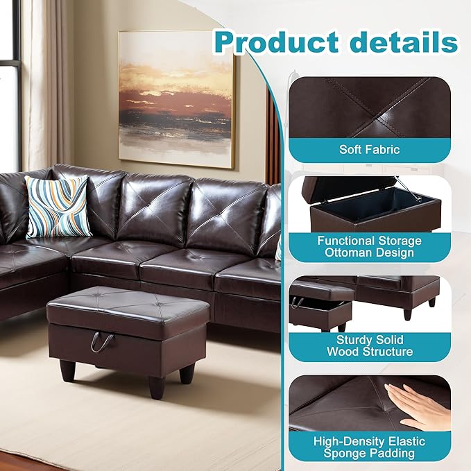 L Shaped Couch Faux Leather Sectional Couch Upholstered 3 Pieces Sofas - Image 5
