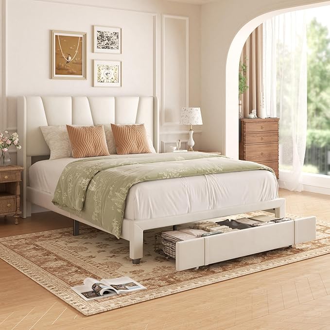 Full Bed Frame with Storage Drawers, Upholstered Platform Bed with Headboard by VIPLOV