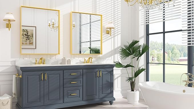Keonjinn 30 x 36 Inch Brushed Gold Bathroom Mirror Metal Framed Rectangle Wall - Image 2