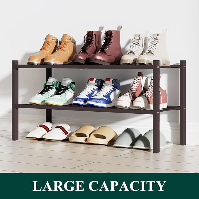 Smiry Shoe Rack, 2 Tier Bamboo Shoe Organizer, Stackable Free Standing Wooden - Image 5