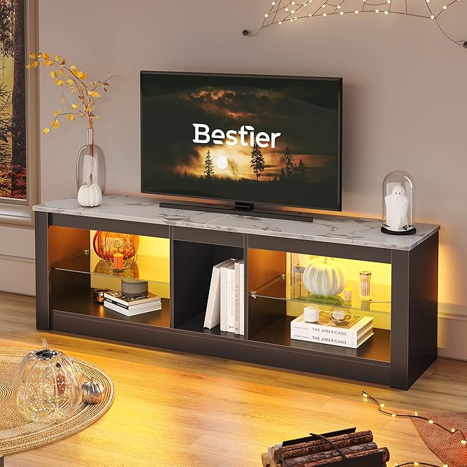 Bestier White Marble TV Stand LED Entertainment Center Gaming TV Stand by Bestier