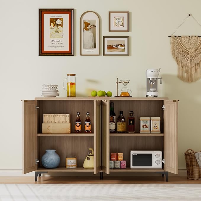 Sideboard Buffet Cabinet with Storage, 4 Doors Rattan Kitchen Cabinet with - Image 2