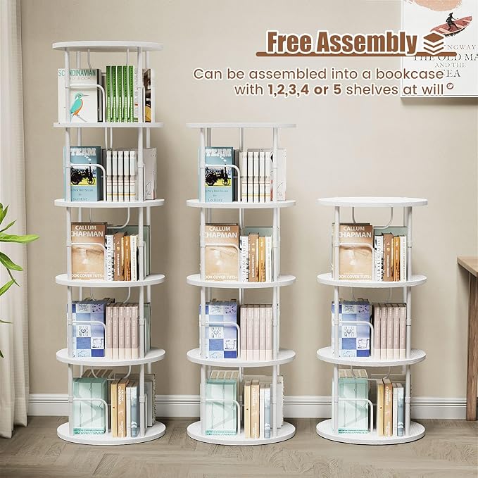5 Tier Rotating Bookshelf, 360 ° Display Stackable Spinning Bookshelf Tower - Image 5