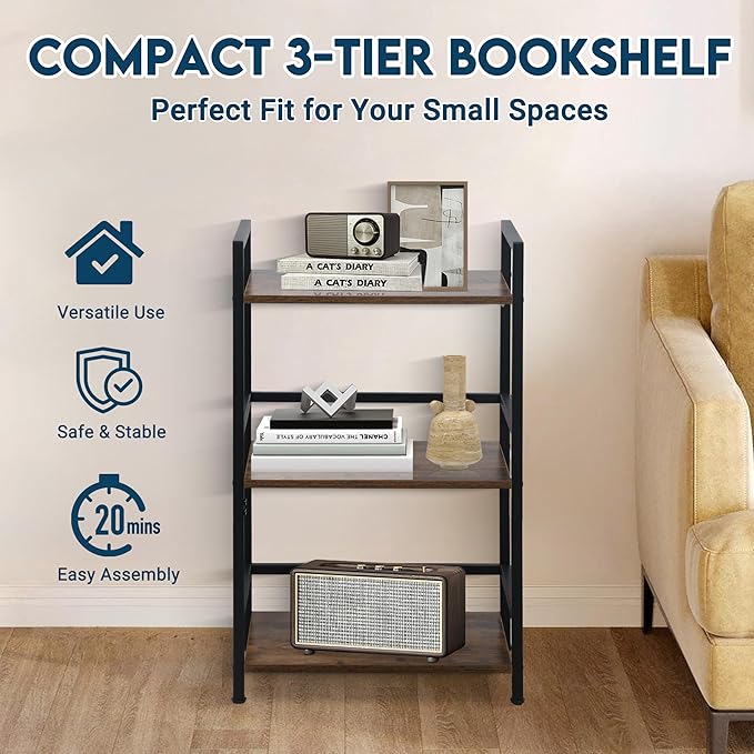 LOFTEY Book Shelf Small Bookshelf, 3 Tier Industrial Short Bookshelf, Metal - Image 3