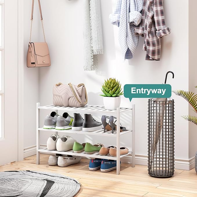 White Shoe Rack, 3-Tier Bamboo Wood Shoe Rack - Image 4