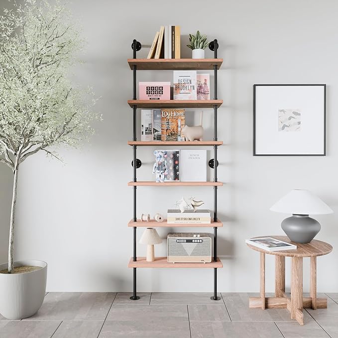 Pipe Industrial Shelves, Wall Mounted Wood Metal Ladder Rustic Bookshelf - Image 6