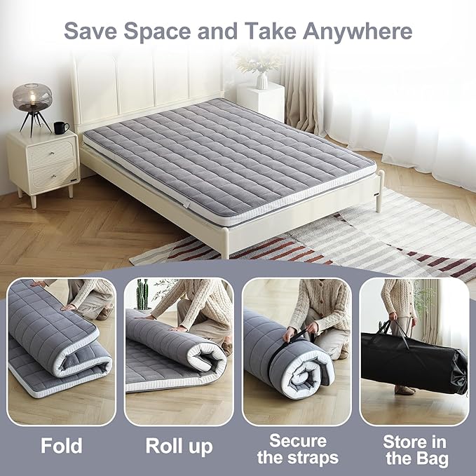 Tiita Japanese Floor Mattress Futon Mattress 4” Thick Folding Roll Up Sleeping - Image 3