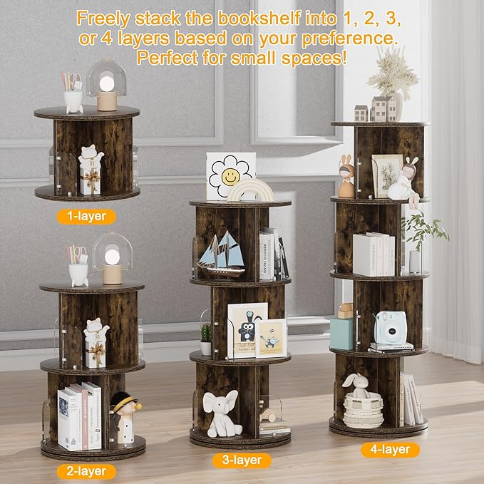 VECELO Rotating Bookshelf Tower, 360°Revolving Bookcase, Round Book Shelf - Image 3