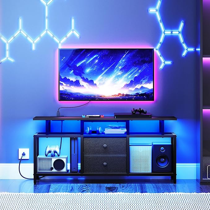 TV Stand with LED Light and Power Outlets, Entertainment Center with Fabric - Image 2