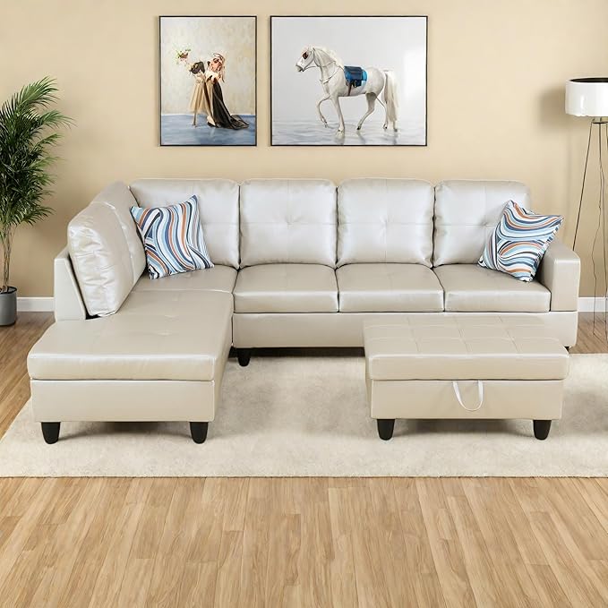 L-Shaped Sectional Sofa with Ottoman, Right-Facing Leather Modern Couch with - Image 3