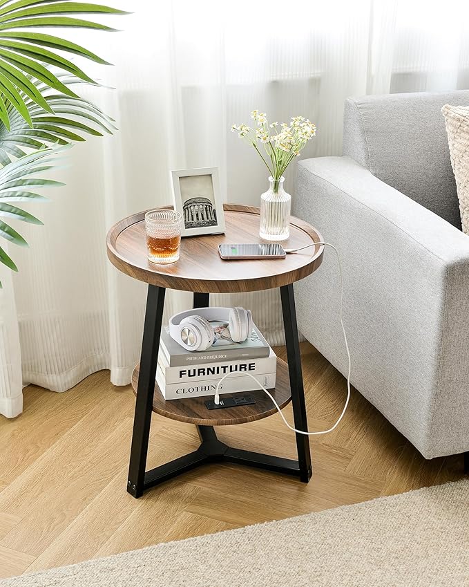 Round End Table with Charging Station, 19.7" Dia x 23.63" H, Side Table with - Image 2