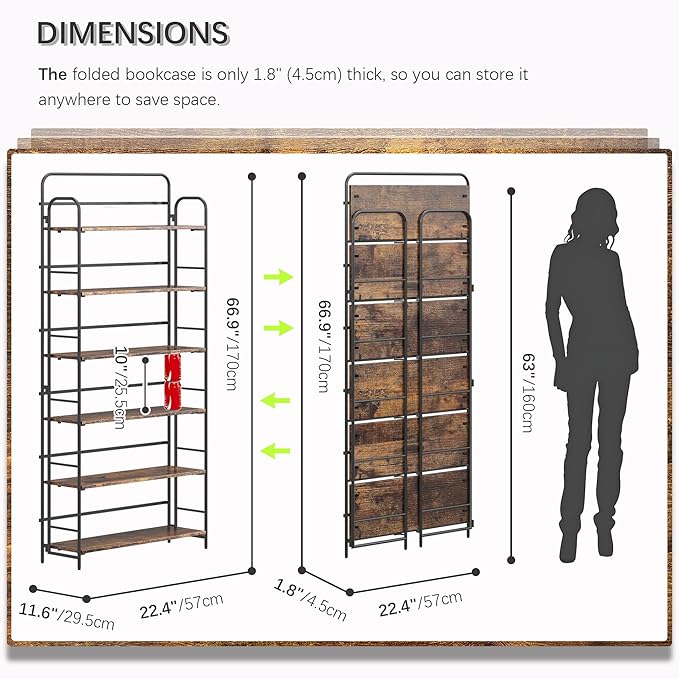 4NM No Assembly Folding Bookshelf 6 Tiers Vintage Industrial Black Book Shelf - Image 2