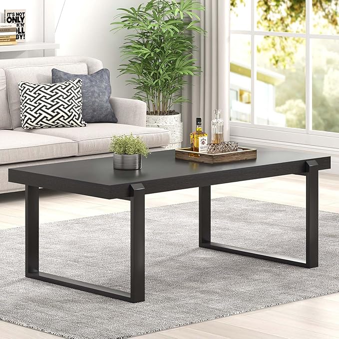 FOLUBAN Black Coffee Table, Modern Industrial Wood and Metal Center Table - Image 3
