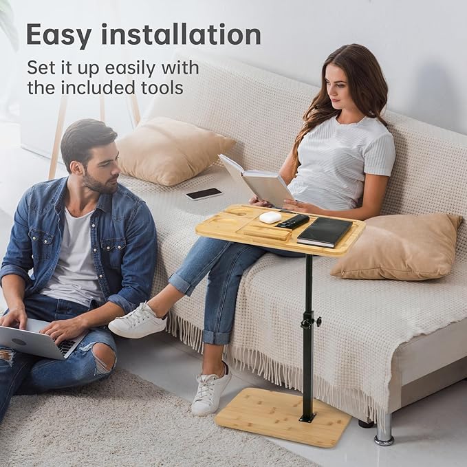 Bamboo Sofa Side Table Adjustable Height, Snack C Shaped End Table - Image 5