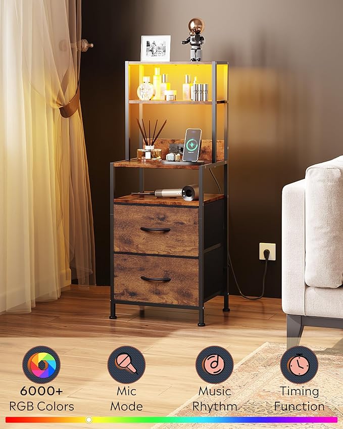 WLIVE Nightstand with Charging Station, LED Night Stand with 2 Drawers and 4 - Image 4