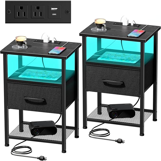 Nightstands Set of 2 with Charging Station and Drawer, End Table Bedside Table by LAKEMID