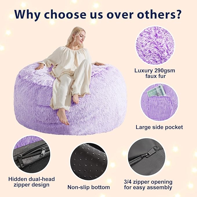 Huge Bean Bag Covers Only, Fluffy Stuffed Beanbag Chair Covers No Filler - Image 5